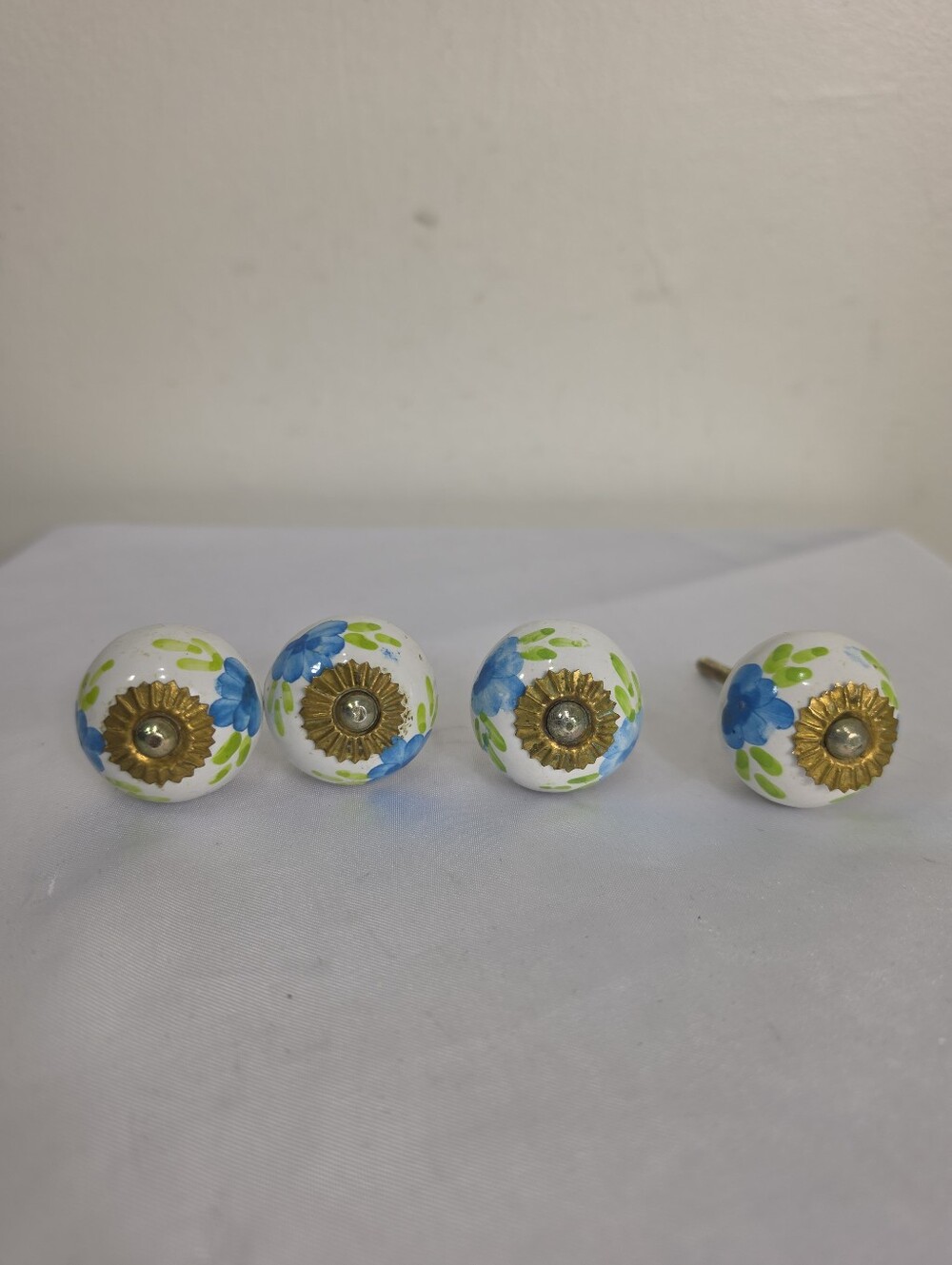 Set of 4Hand-Painted Blue Floral Ceramic Drawer Knobs